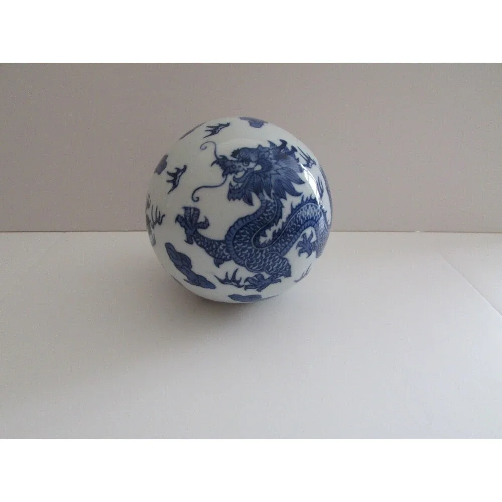 Large 4” Blue White Chinoiserie 5 Claw Dragon Sphere Carpet Ball Chinese Decor